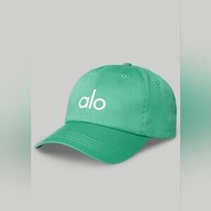 Alo Yoga Off-Duty Green White Logo Embroidered Adjustable Dad Cap Hat One Size